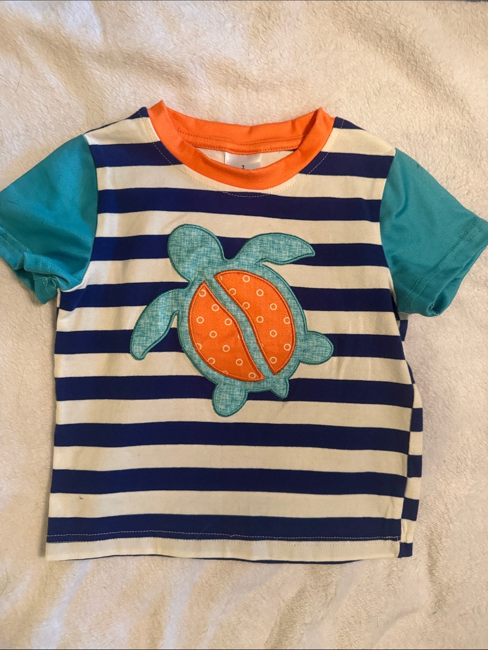 Striped Turtle Appliqué Tee in Blue, White & Orange